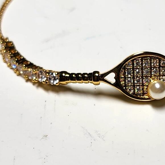 Kate Spade Queen Of The Court Tennis Slider Bracelet Racket Line Gold Pearl Pave - Picture 8 of 9